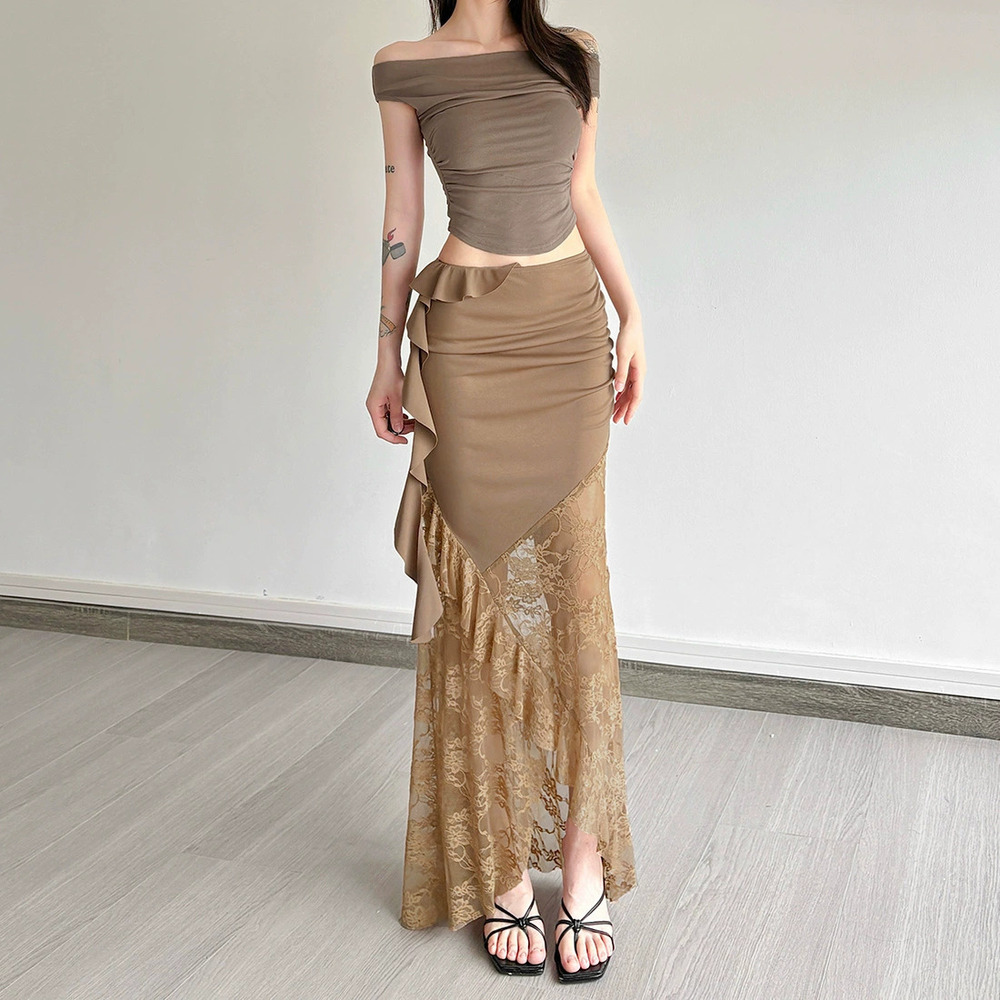 ZARA French Style Summer Asymmetric Lace Patchwork Versatile Slimming Skirt